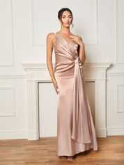 Petite One Shoulder Satin Finish Maxi Dress in Champagne