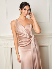 Petite One Shoulder Satin Finish Maxi Dress in Champagne