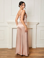 Petite One Shoulder Satin Finish Maxi Dress in Champagne