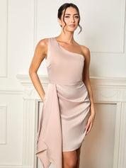 One Shoulder Satin Drape Mini Dress in Champagne