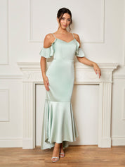 Satin Cami Ruffle Strap Bodycon Dress in Mint