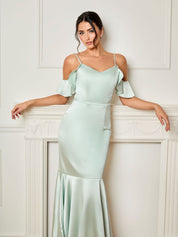 Satin Cami Ruffle Strap Bodycon Dress in Mint