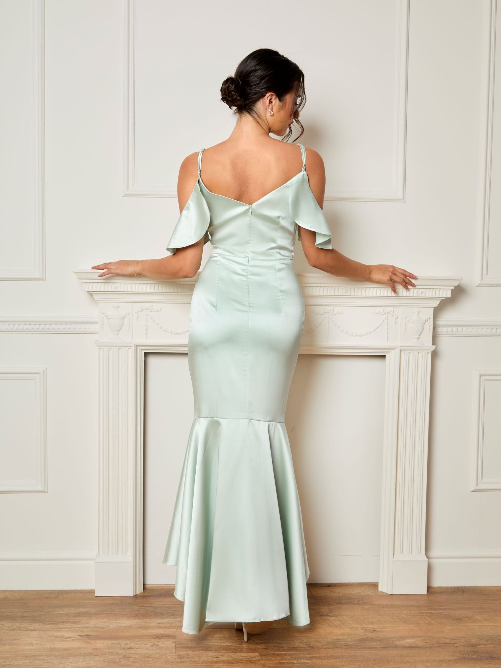 Satin Cami Ruffle Strap Bodycon Dress in Mint