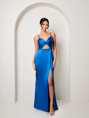 Twist Bodice Satin Maxi Dress in Cobalt