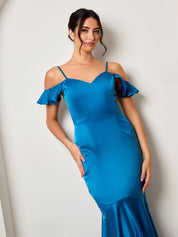 Satin Cami Strap Ruffle Detail Bodycon Dress in Teal