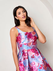Sleeveless Floral Fit and Flare Midi Dress in Blue