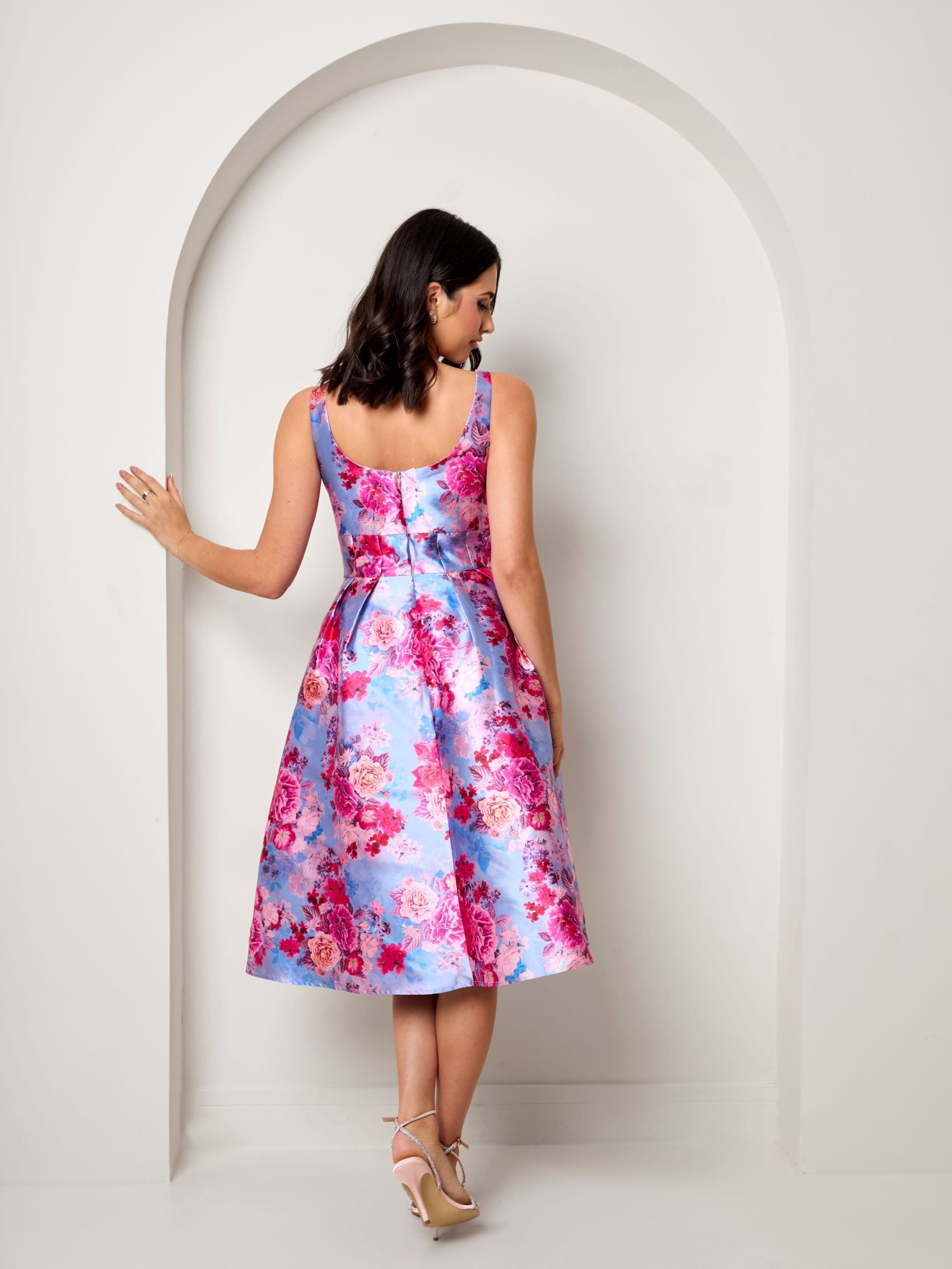 Plus Size Sleeveless Floral Fit and Flare Midi Dress in Blue | Chi Chi London UK Plus Size Sleeveless Floral Fit and Flare Midi Dress in Blue | Chi Chi London UK