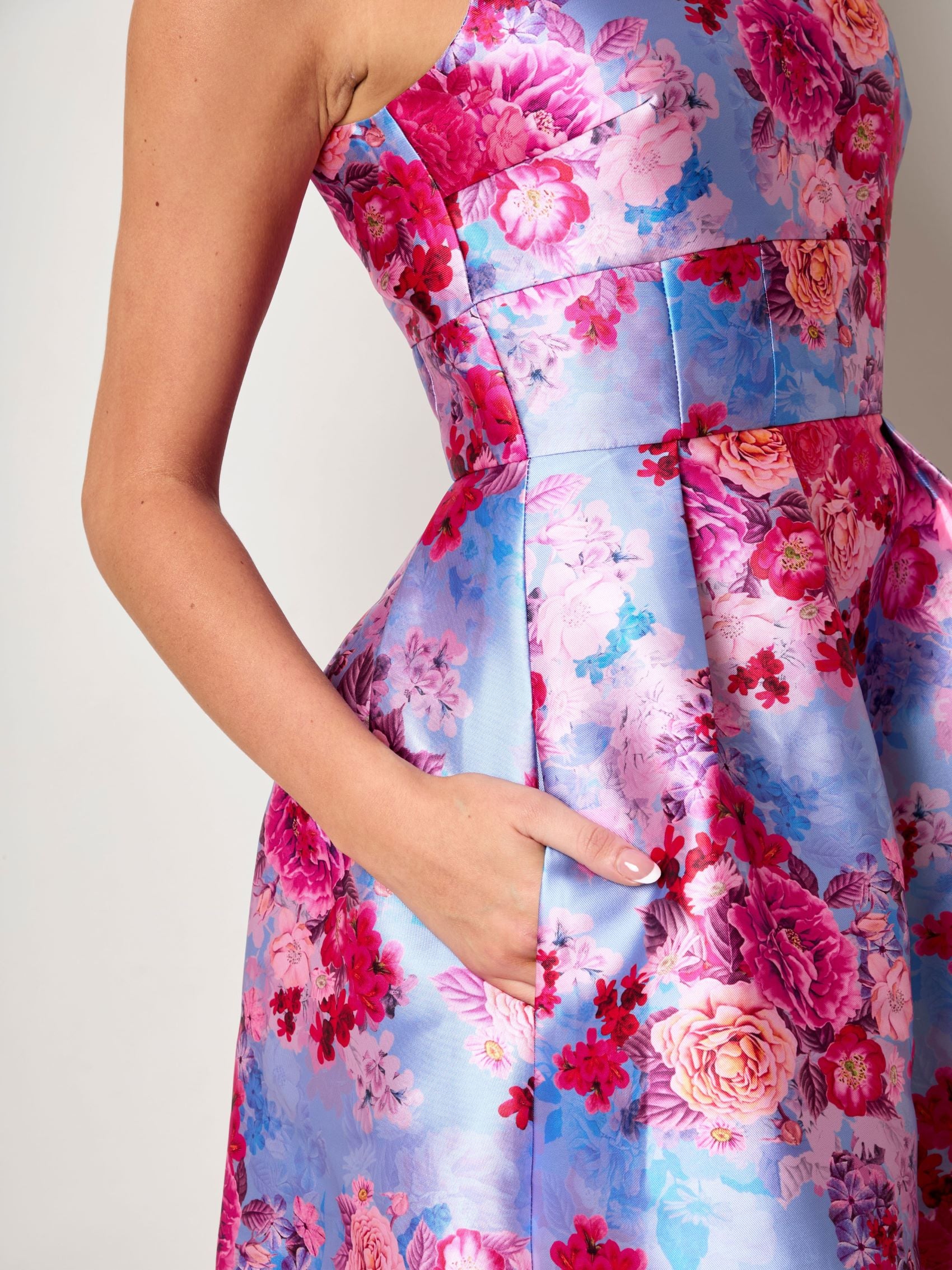 Sleeveless Floral Fit and Flare Midi Dress in Blue