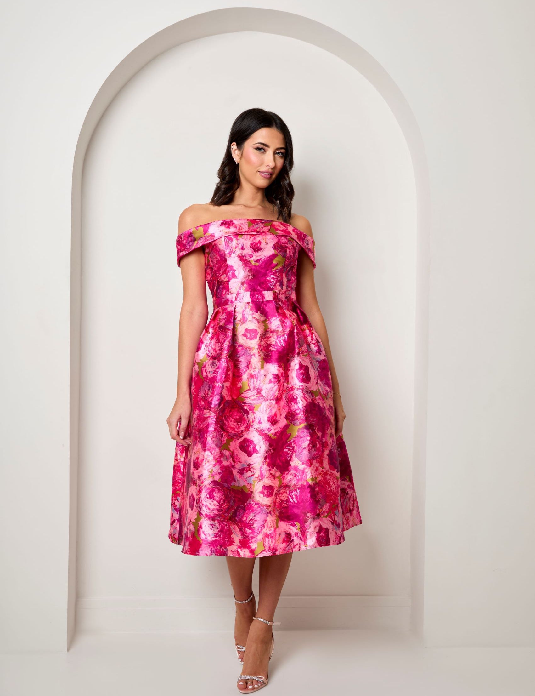 Bardot twill fit and flare dress in pink