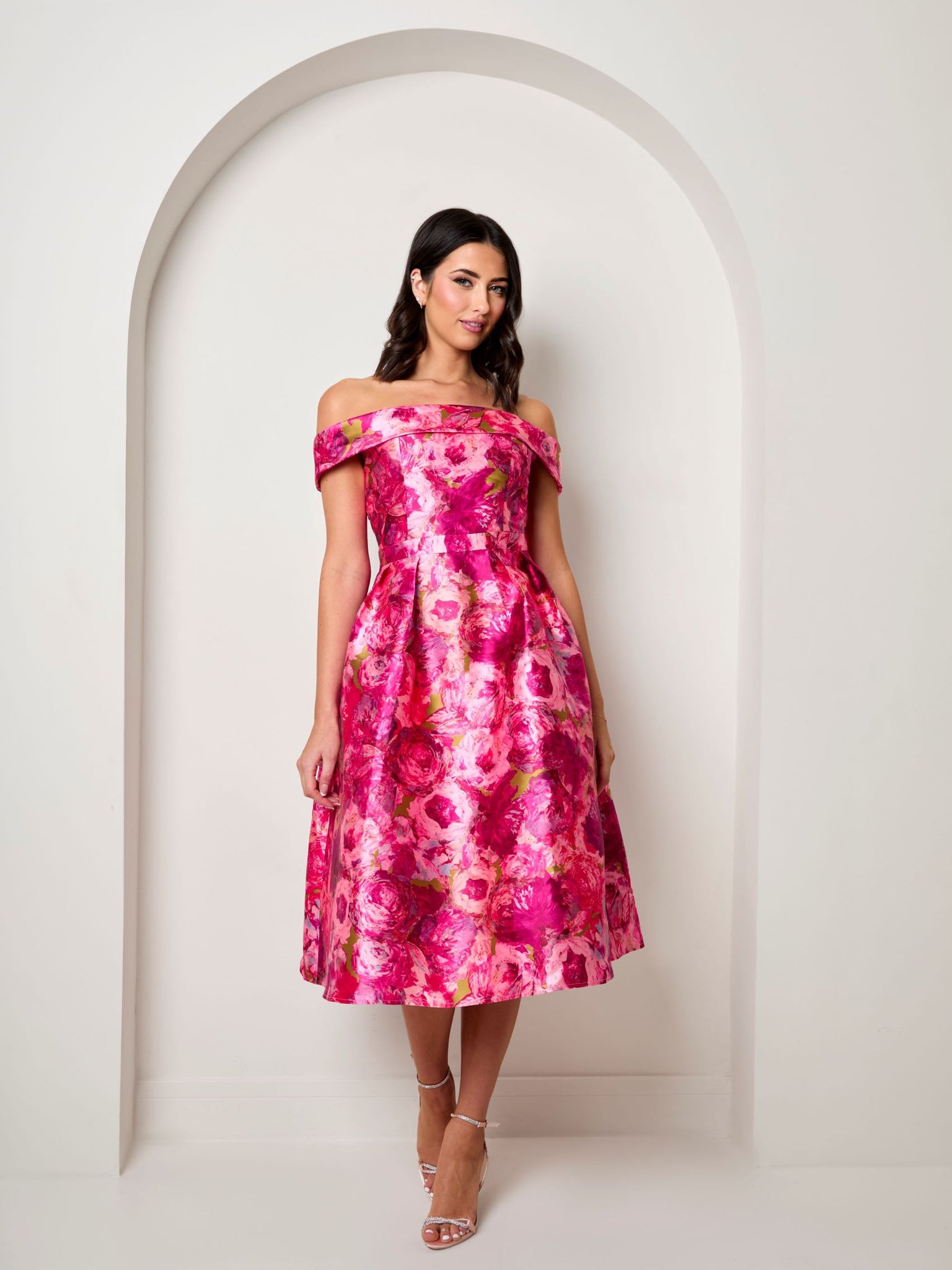 Chi Chi London Women's Bardot Twill Fit & Flare Dress in Pink 6 Chi Chi London Women's Bardot Twill Fit & Flare Dress in Pink 6