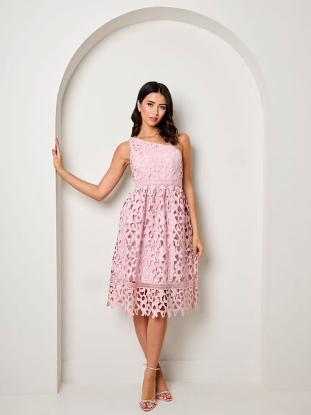 Chi Chi London One Shoulder Premium Lace Midi Dress in Blush