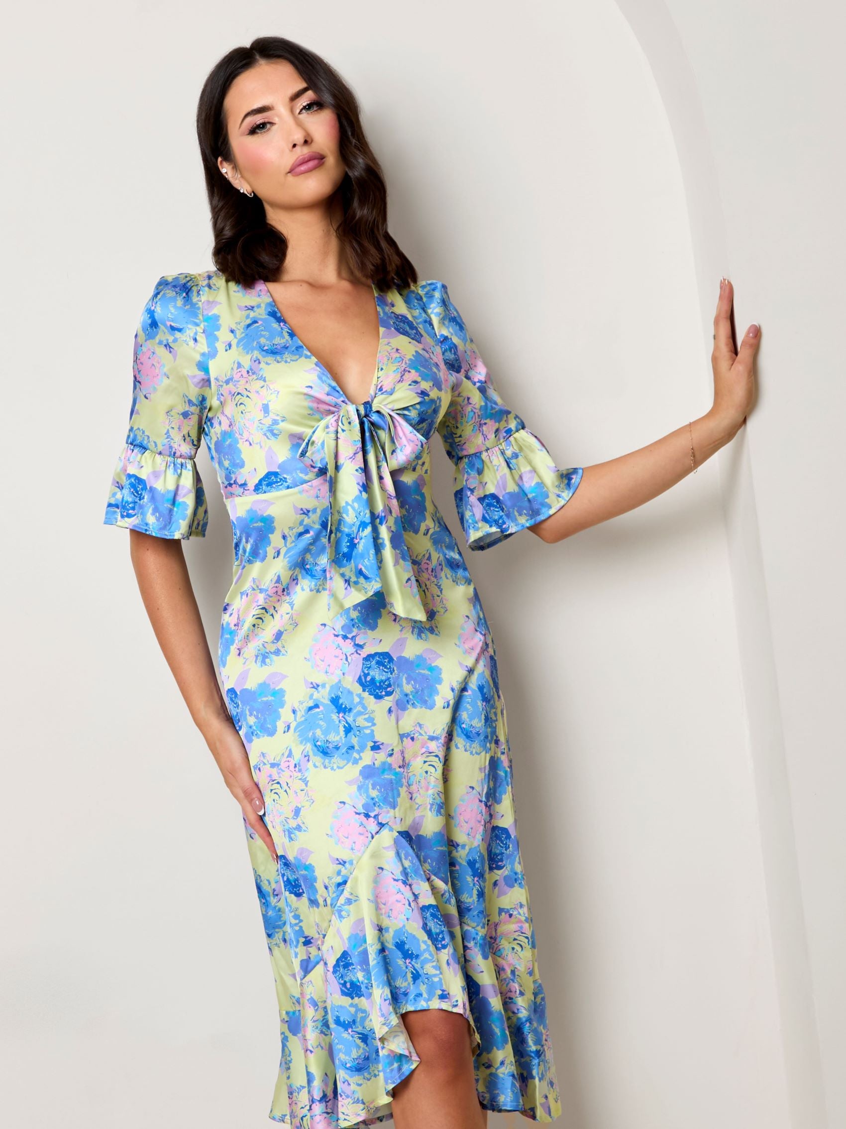 Short Sleeve Tie Front Floral Midi Dress in Yellow