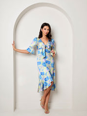 Short Sleeve Tie Front Floral Midi Dress in Yellow