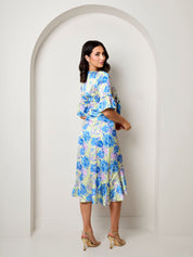 Short Sleeve Tie Front Floral Midi Dress in Yellow