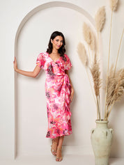 Flutter sleeve satin wrap dress in pink