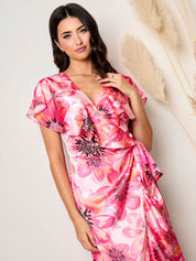 Flutter sleeve satin wrap dress in pink