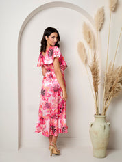 Plus size flutter sleeve satin wrap dress in pink