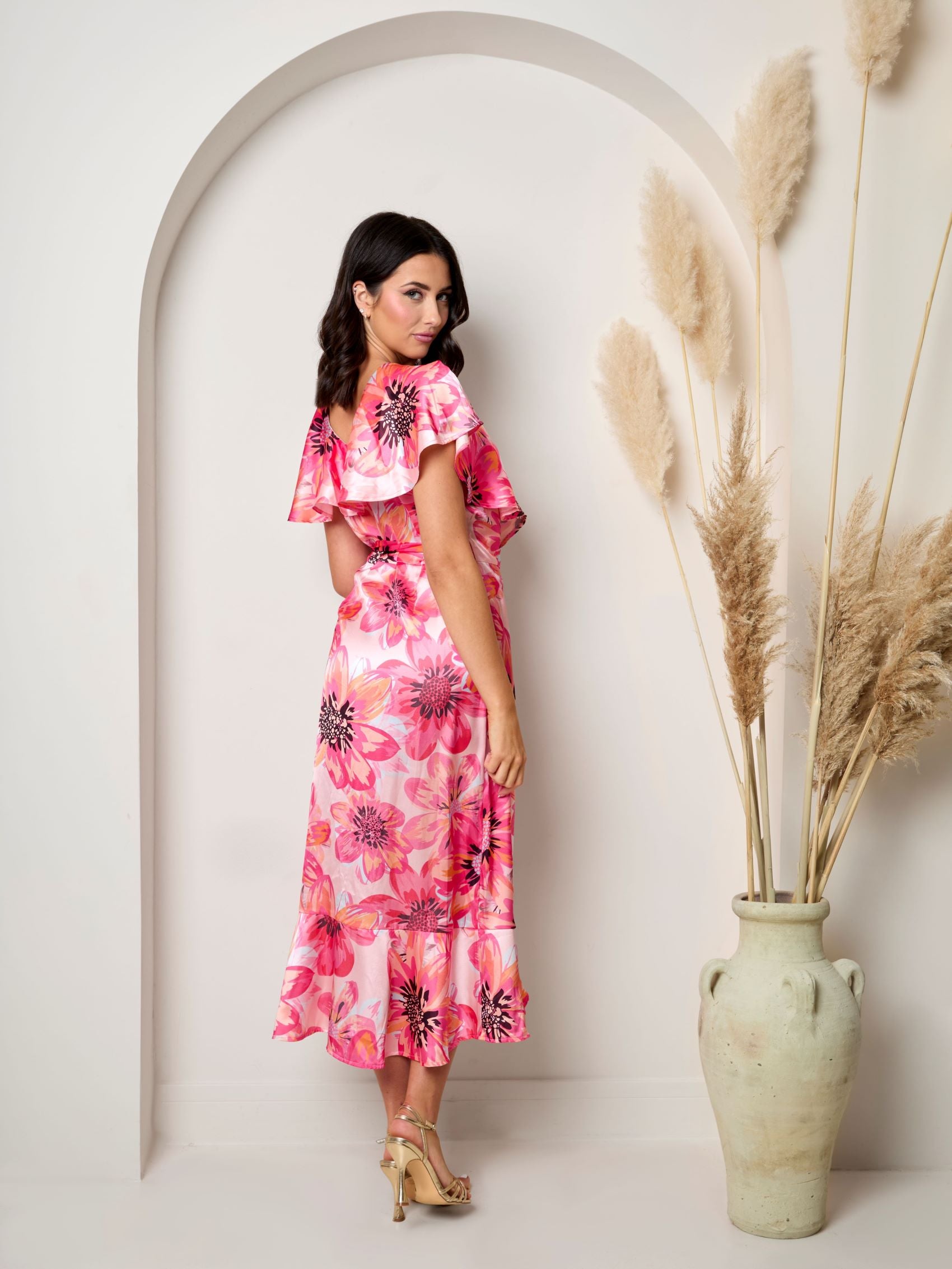 Plus size flutter sleeve satin wrap dress in pink