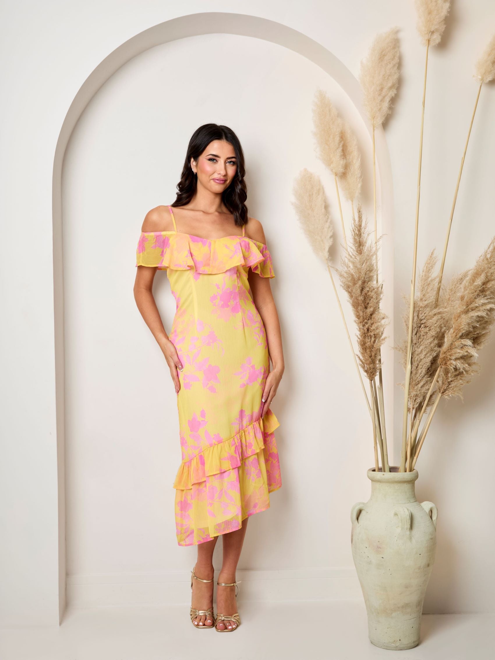 Off the shoulder frill detail midi dress in Yellow
