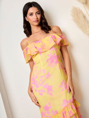 Off the shoulder frill detail midi dress in Yellow