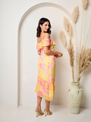 Off the shoulder frill detail midi dress in Yellow