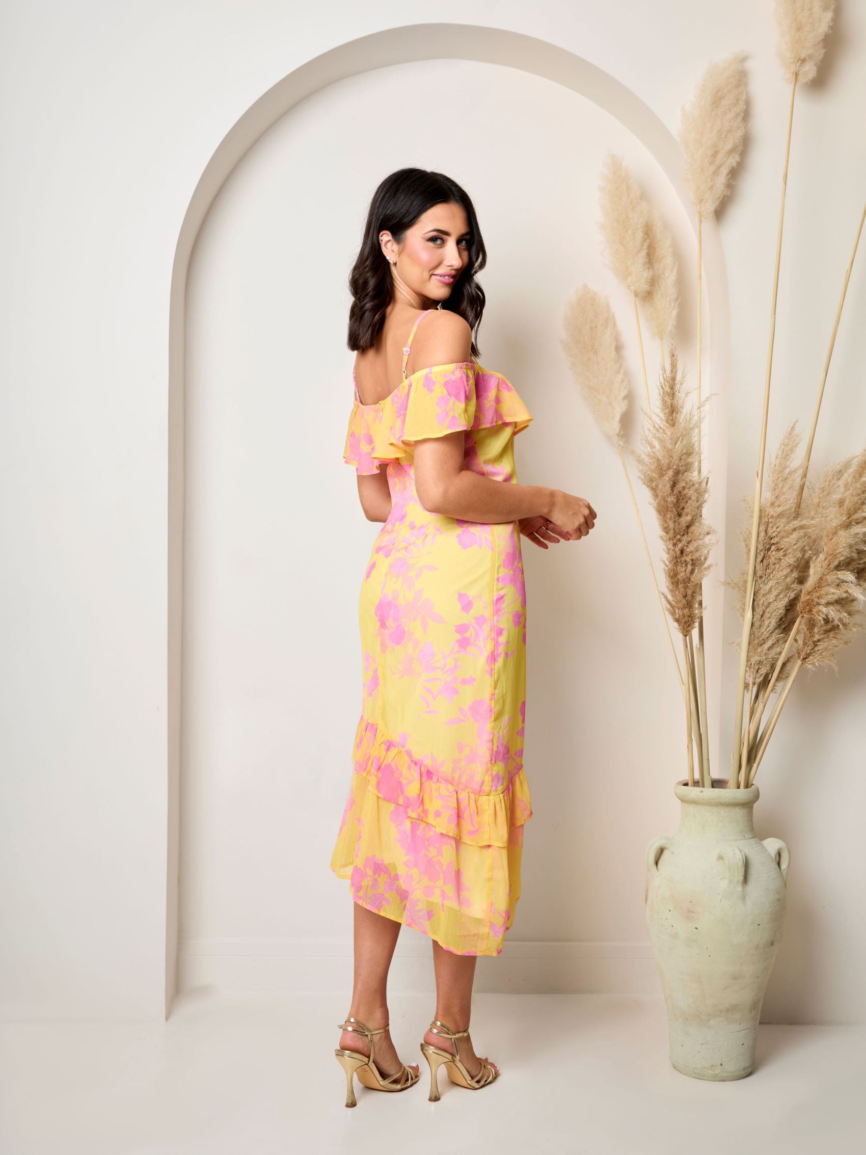 off shoulder frill midi dress Pink Off-Shoulder Eyelet Midi Dress with Ruffle Sleeves