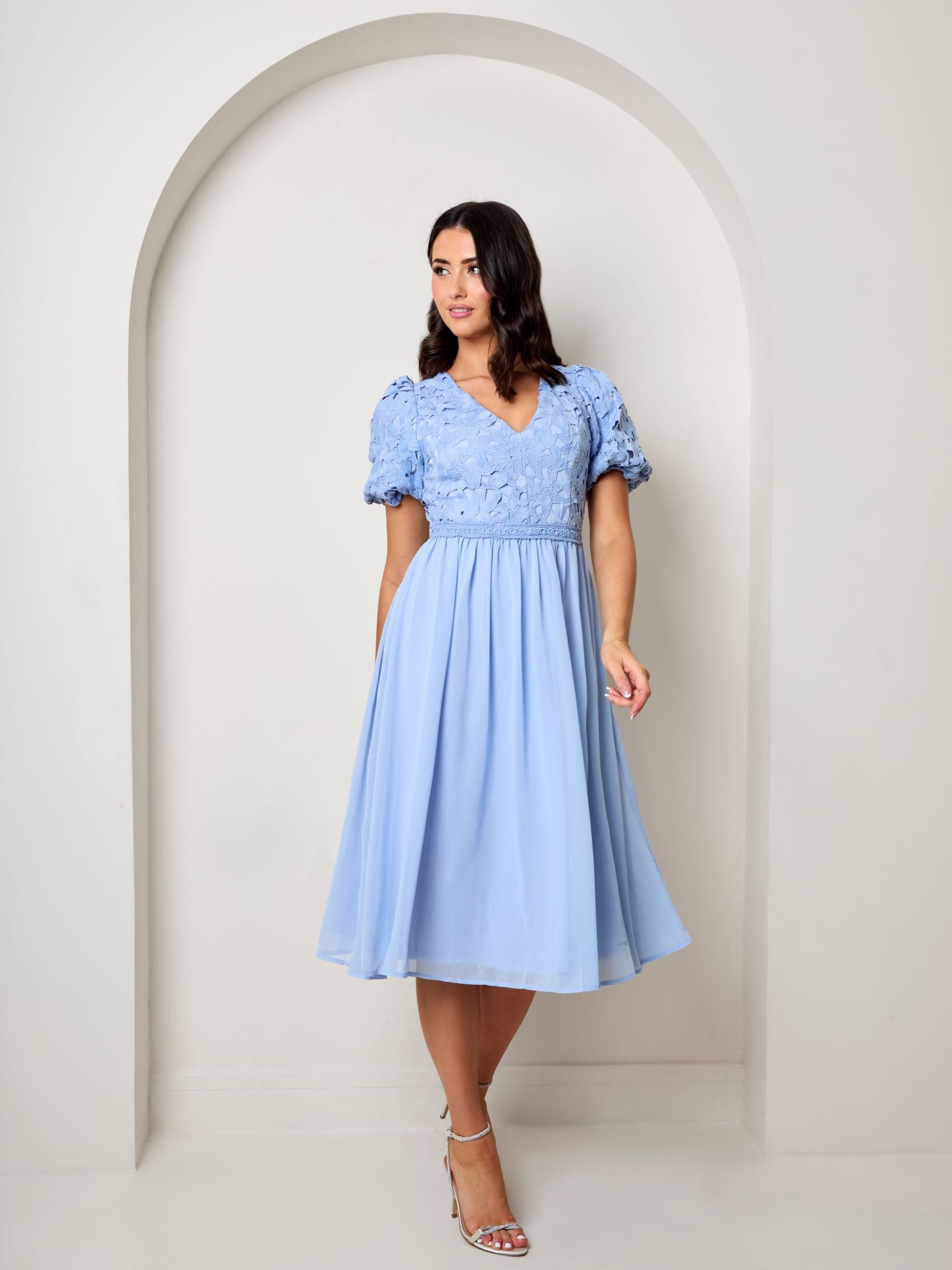 Puff Sleeve Premium Lace Midi Dress in Blue