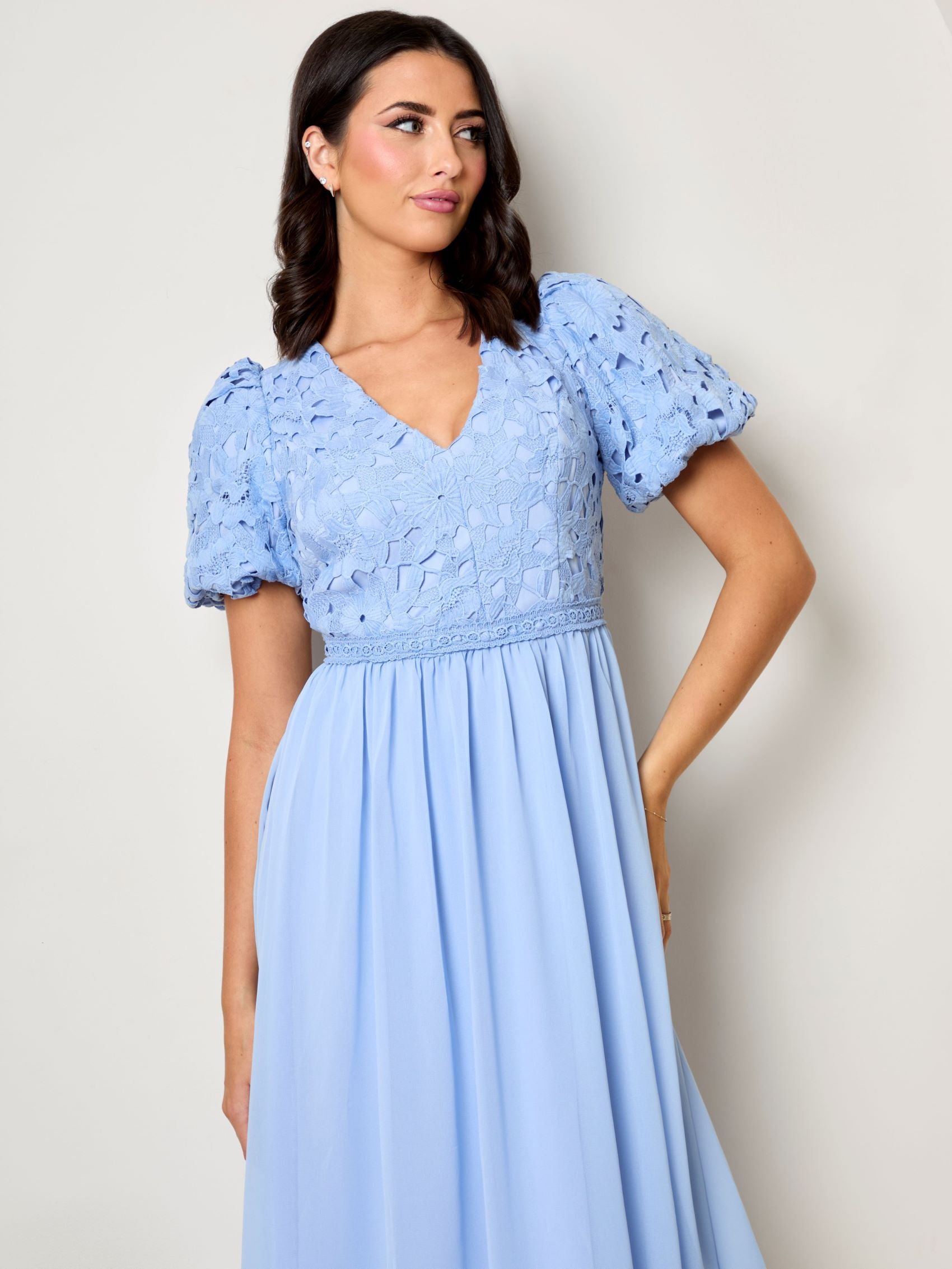 Puff Sleeve Premium Lace Midi Dress in Blue