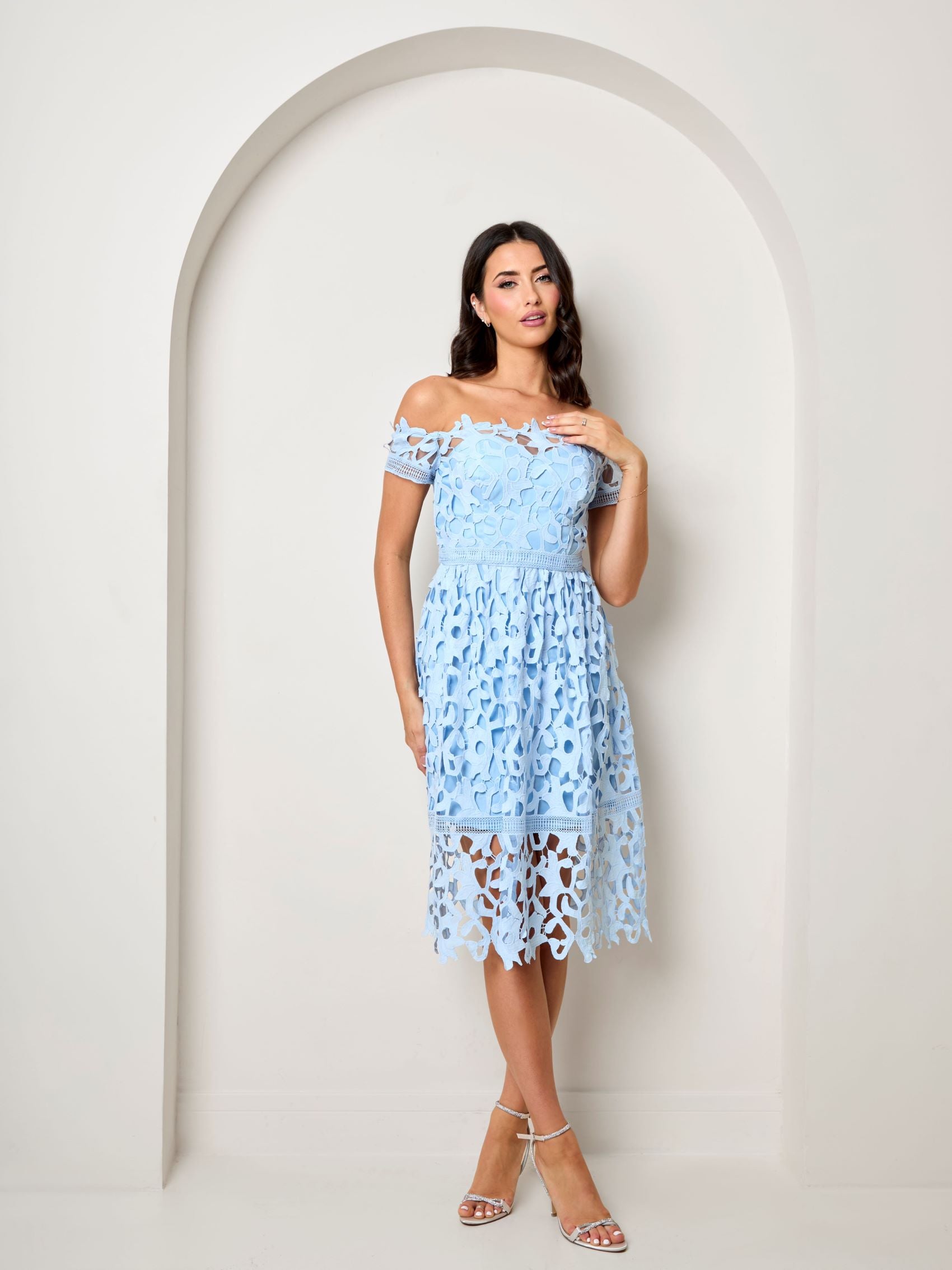 Bardot Lace Midi Crochet Dress in Blue
