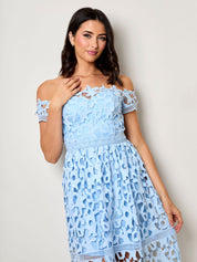 Bardot Lace Midi Crochet Dress in Blue