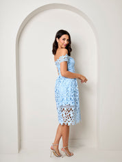 Bardot Lace Midi Crochet Dress in Blue