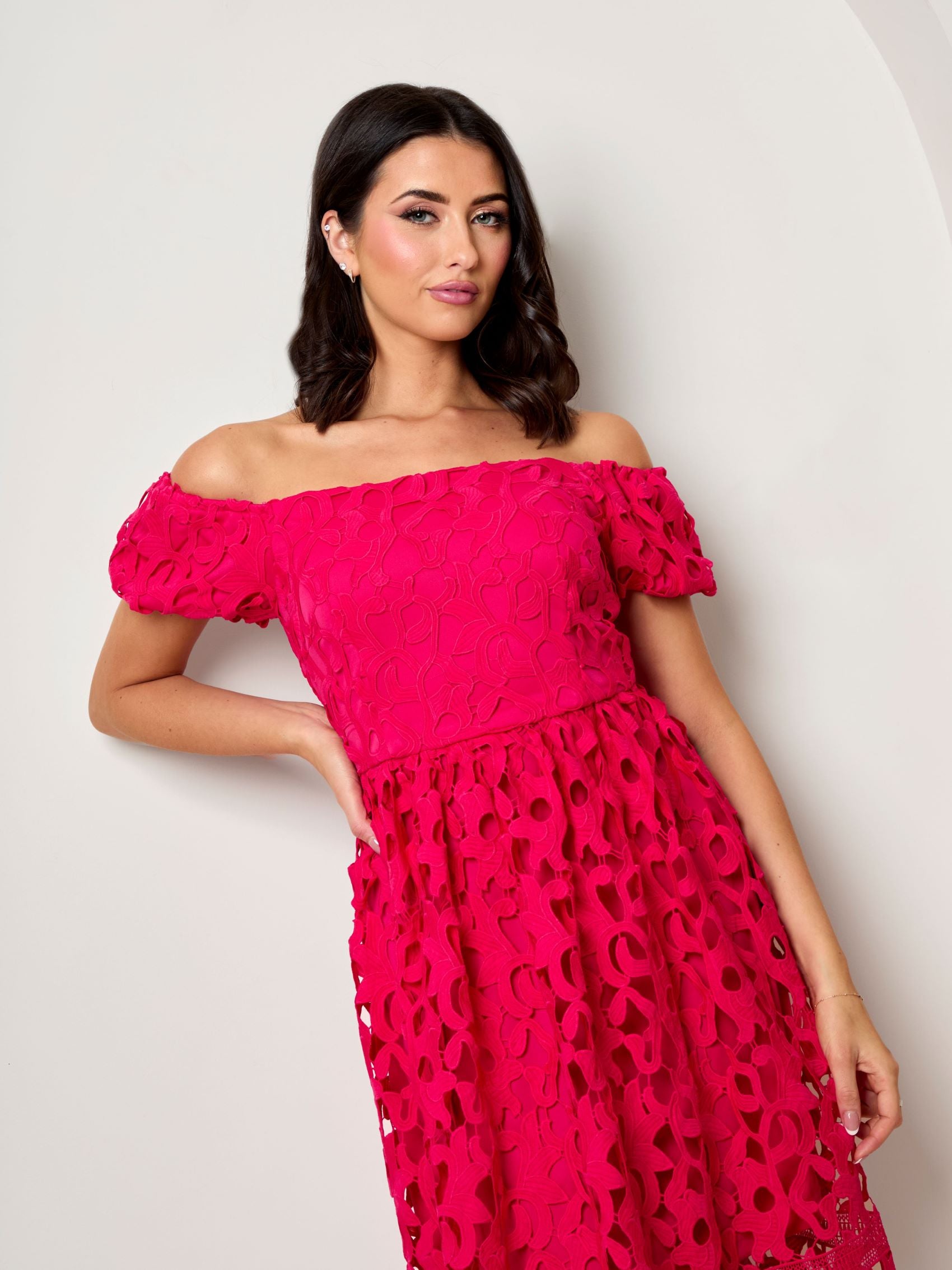 Bardot Premium Lace Fit and Flare Midi Dress in Hot Pink