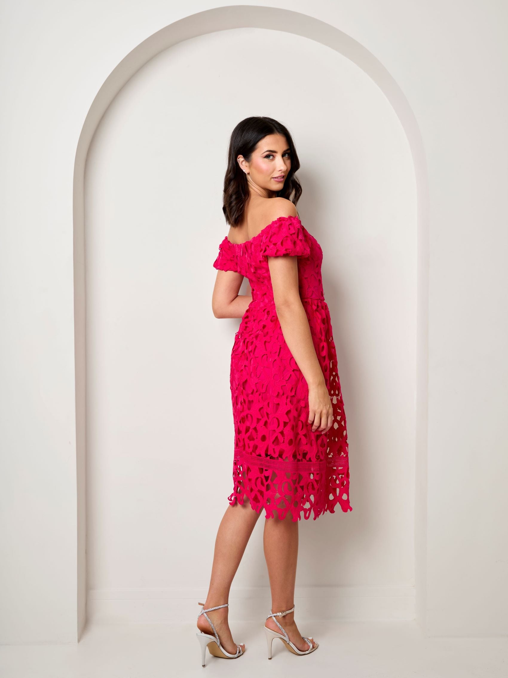 Bardot Premium Lace Fit and Flare Midi Dress in Hot Pink