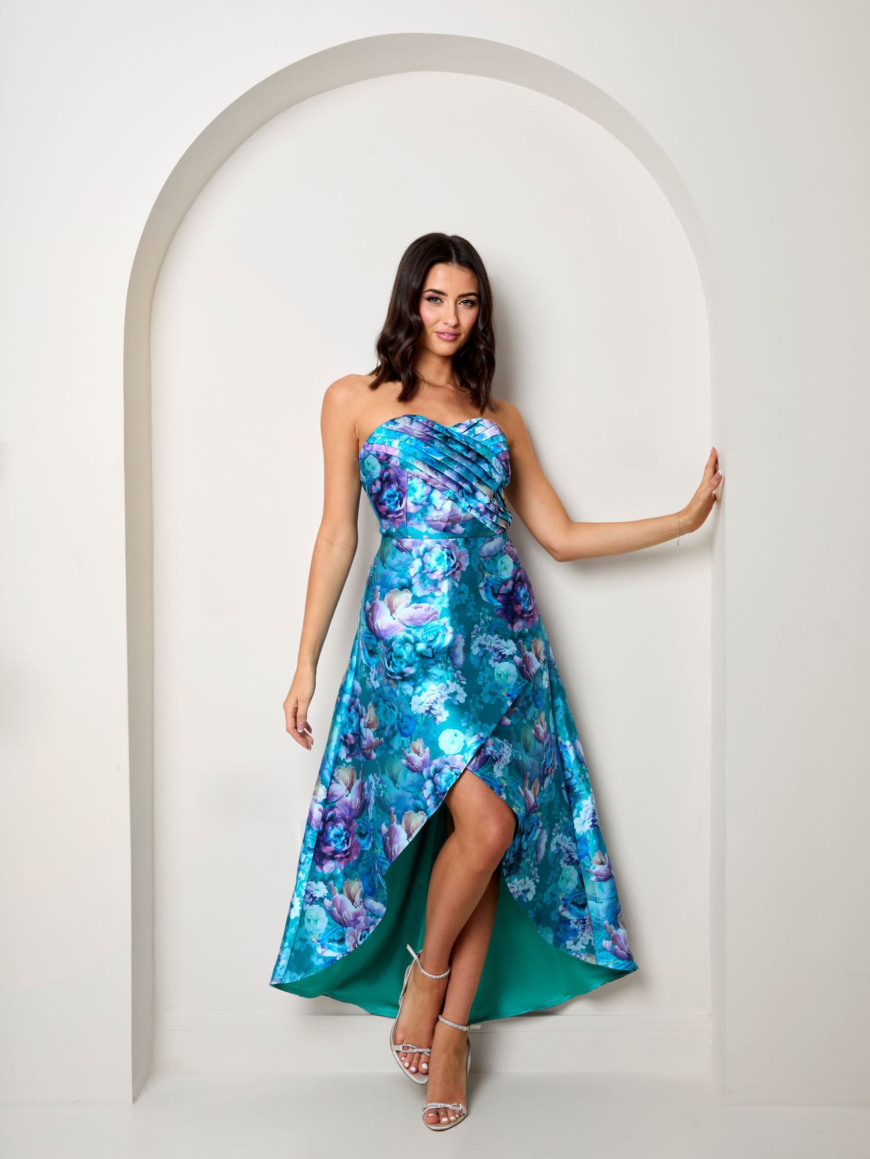 Bandeau Sweetheart Floral Wrap Detail Dip Hem Dress in Blue