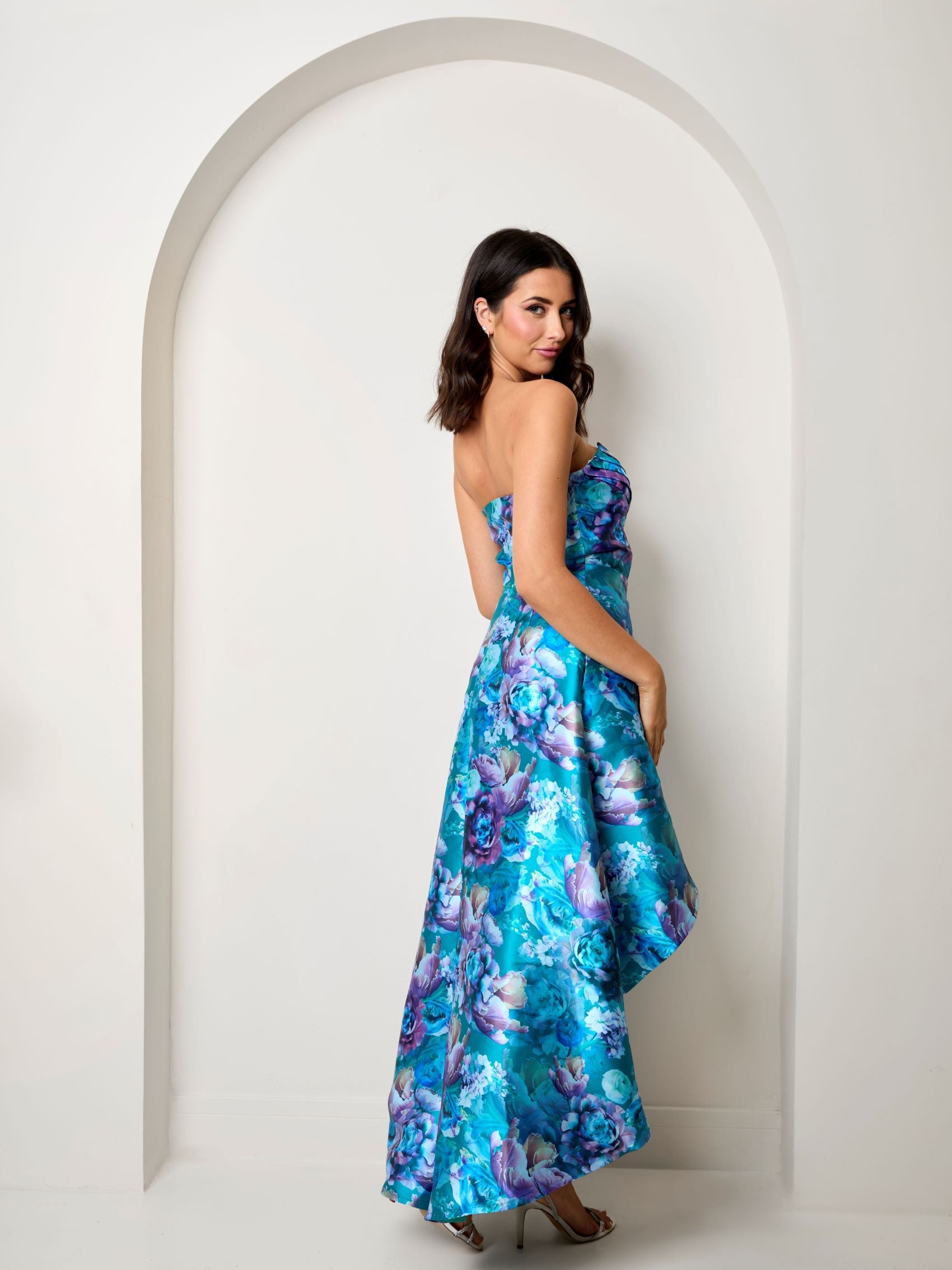 Bandeau Sweetheart Floral Wrap Detail Dip Hem Dress in Blue