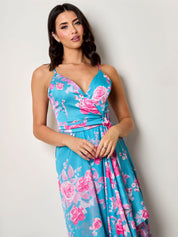 Cami Floral Wrap Midi Dip Hem Dress in Green