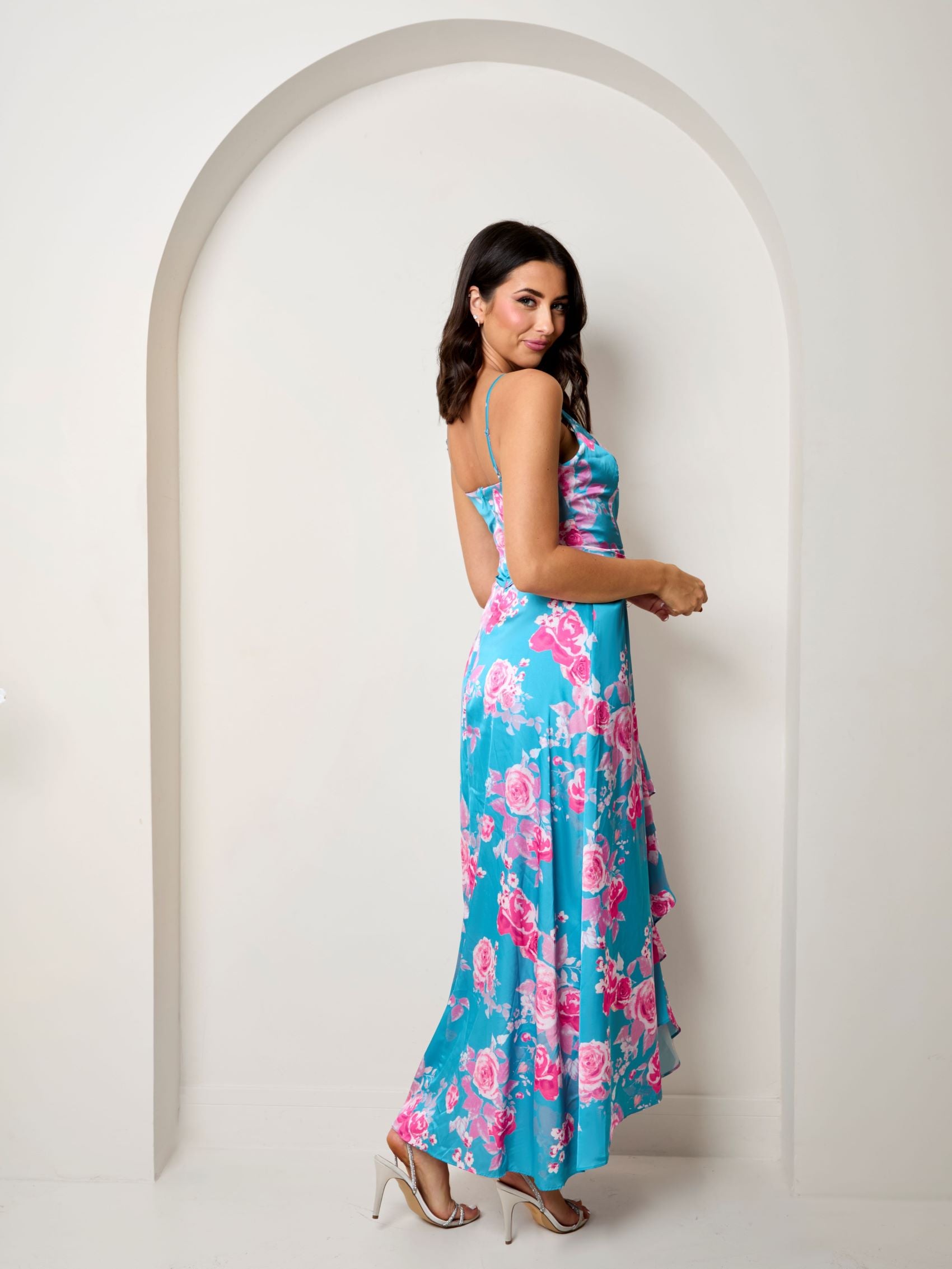 Cami Floral Wrap Midi Dip Hem Dress in Green