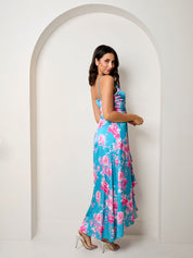 Cami Floral Wrap Midi Dip Hem Dress in Green