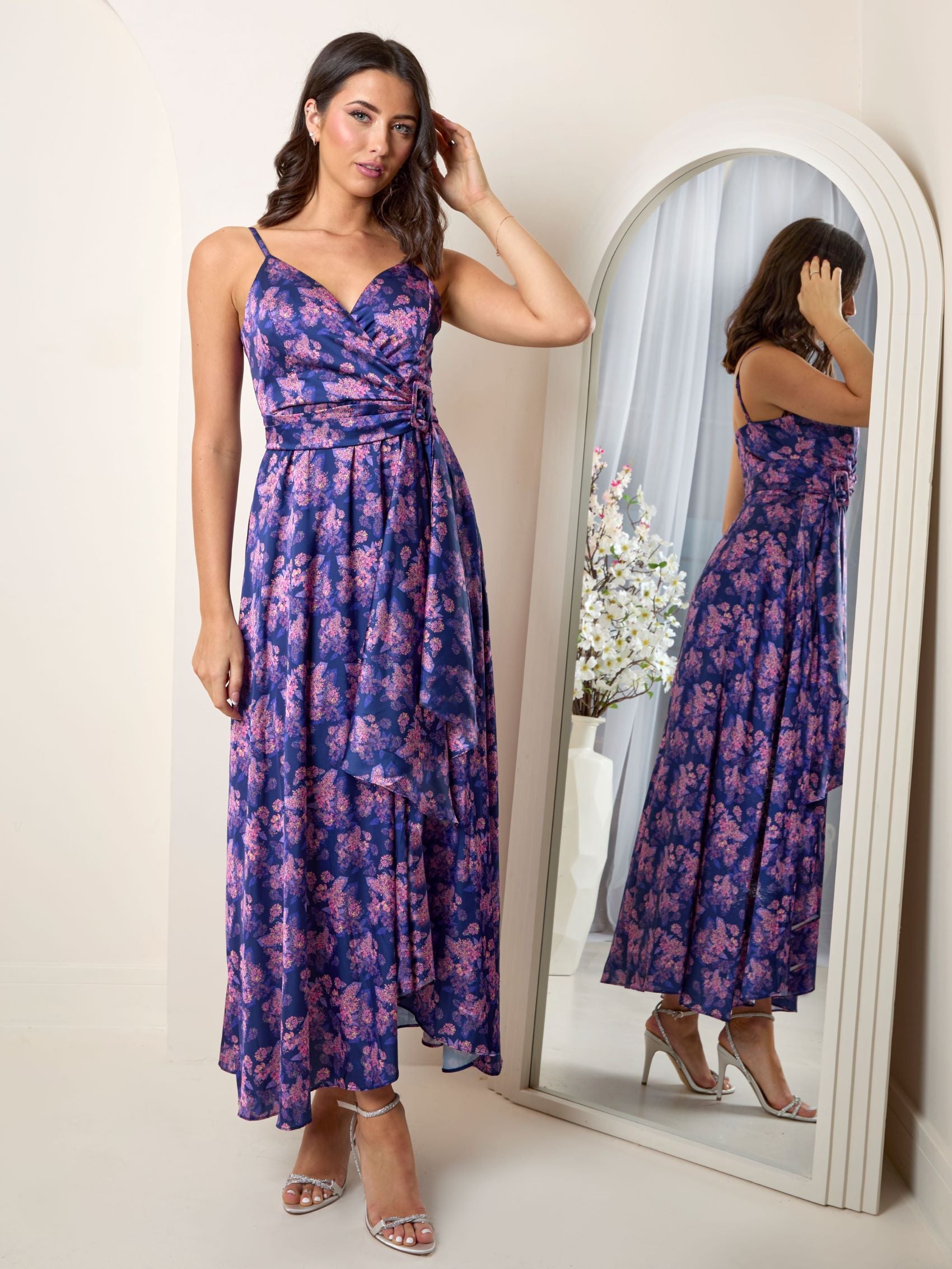 Cami Floral Print Wrap Midi Dress in Navy