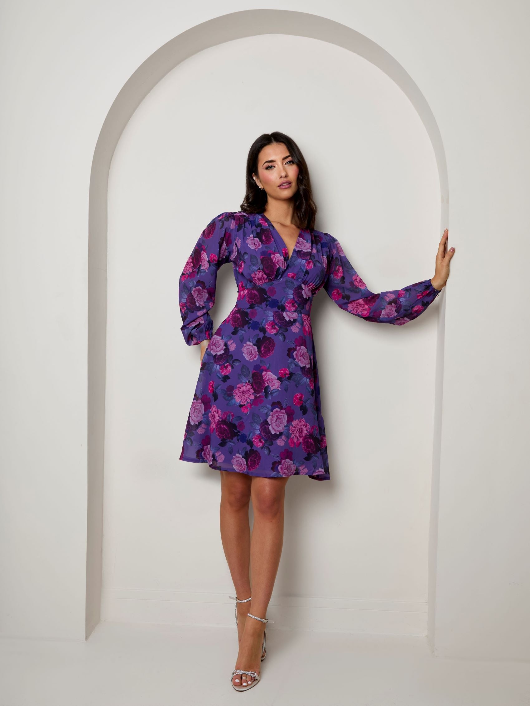 V Neck Floral Printed Chiffon Dress in Purple