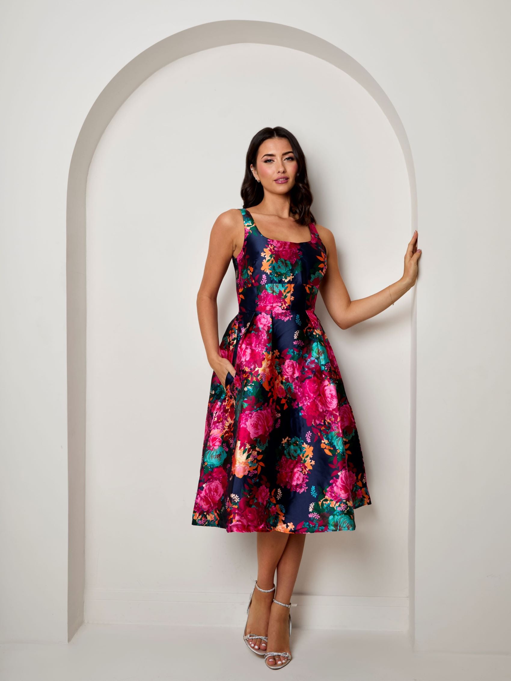 Sleeveless Floral Fit and Flare Midi Dress in Navy