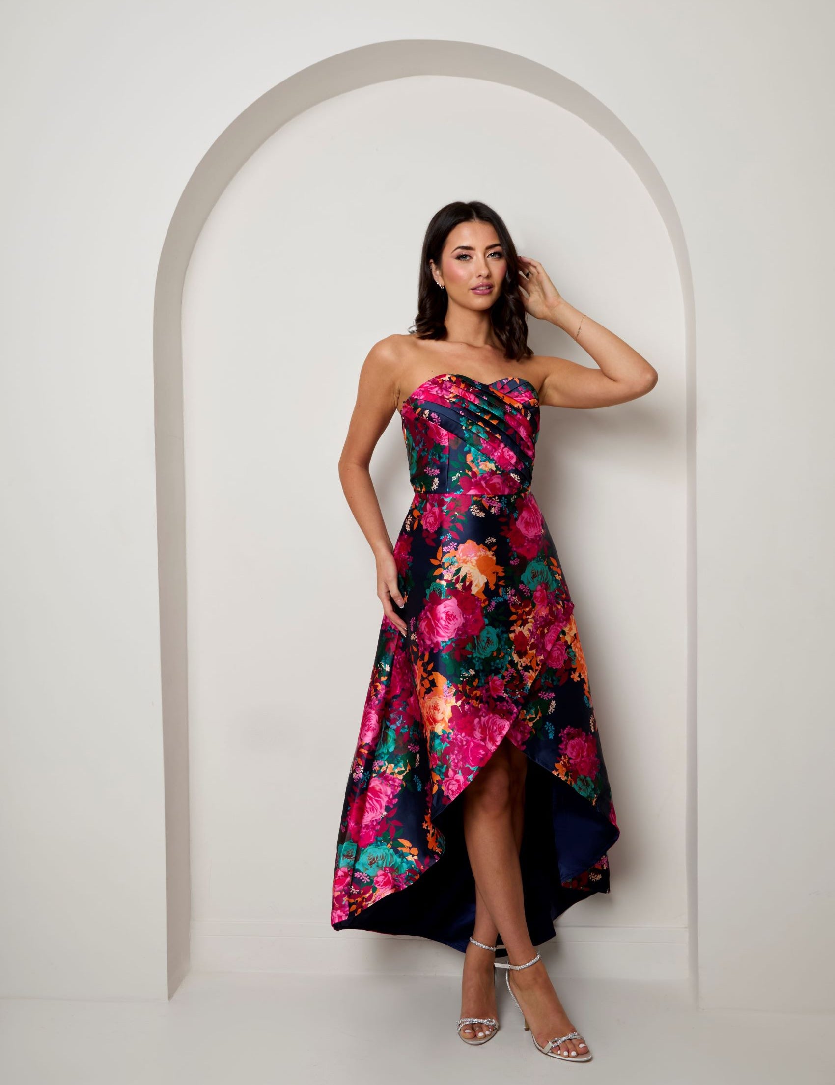 Bandeau Sweetheart Floral Wrap Detail Dip Hem Dress in Navy