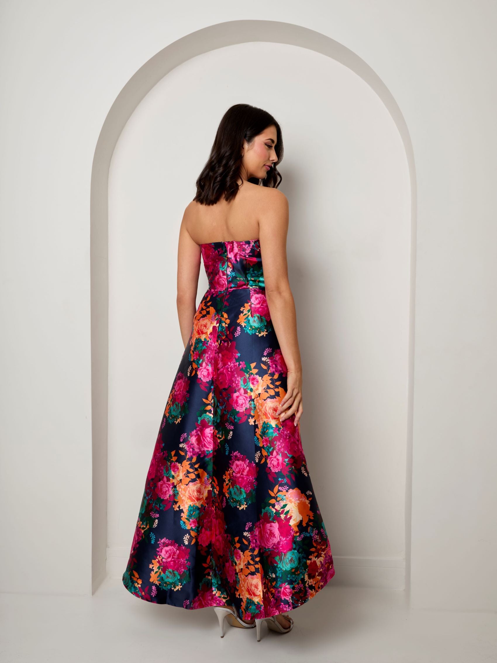 Bandeau Sweetheart Floral Wrap Detail Dip Hem Dress in Navy | Chi Chi London UK Bandeau Sweetheart Floral Wrap Detail Dip Hem Dress in Navy | Chi Chi London UK
