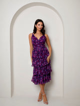 Sleeveless Floral Print Midi Dress in Purple