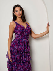 Sleeveless Floral Print Midi Dress in Purple