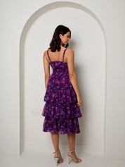 Sleeveless Floral Print Midi Dress in Purple