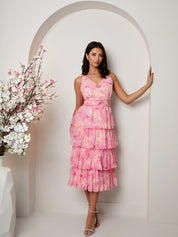 Sleeveless Floral Print Midi Dress in Pink