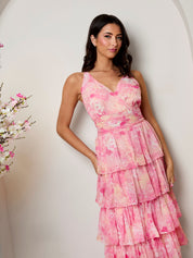 Sleeveless Floral Print Midi Dress in Pink