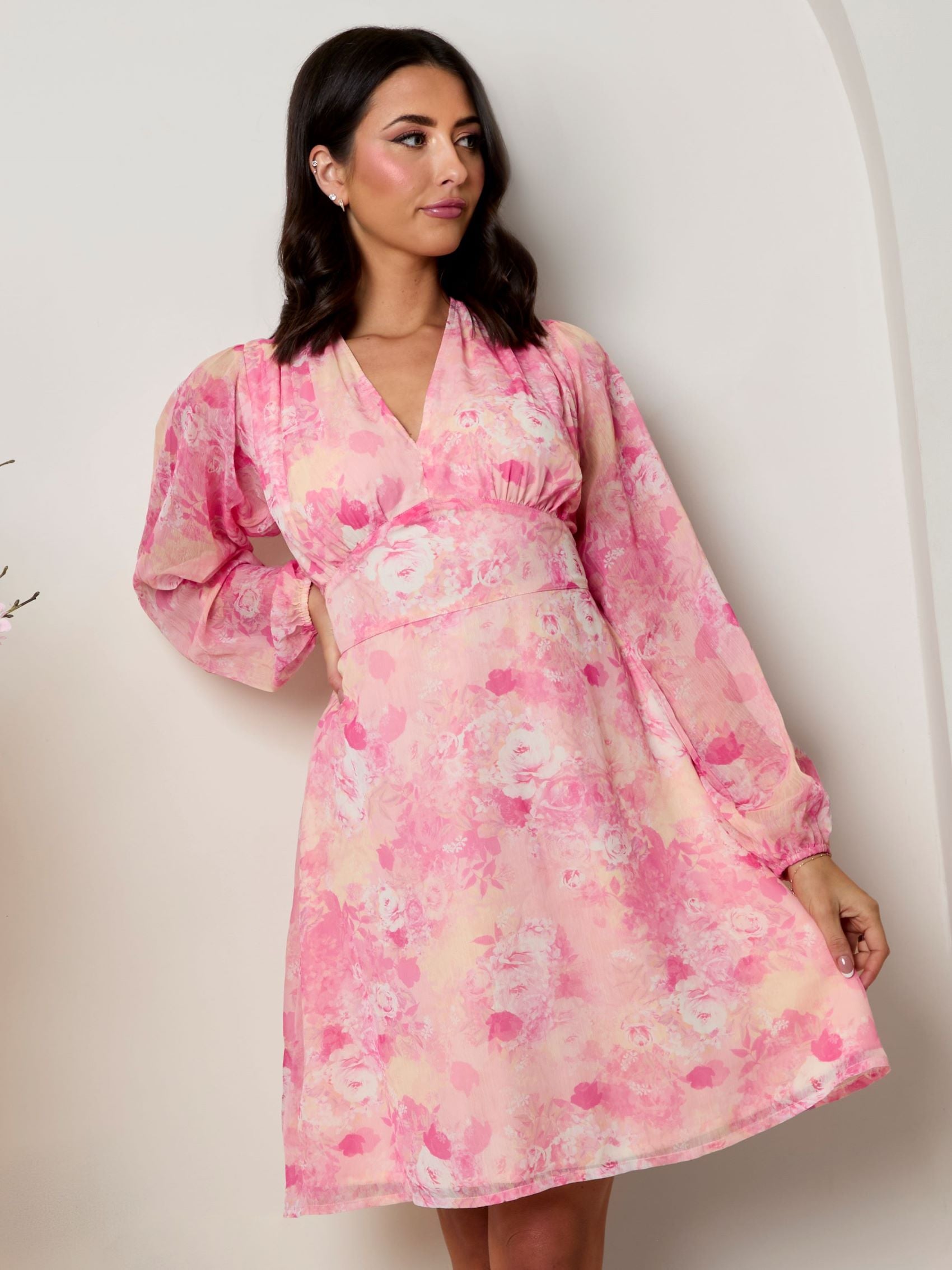Plus Size Long Sleeve Floral Mini Dress in Pink