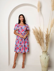 Square Neck Floral Midi Dress in Blue